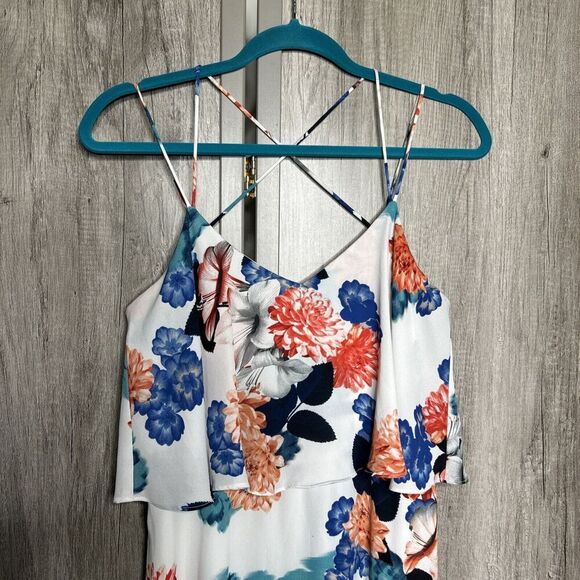 Vince Camuto Midi Dress White Color Floral Print Ruffle Neckline Size 4 - Picture 2 of 9